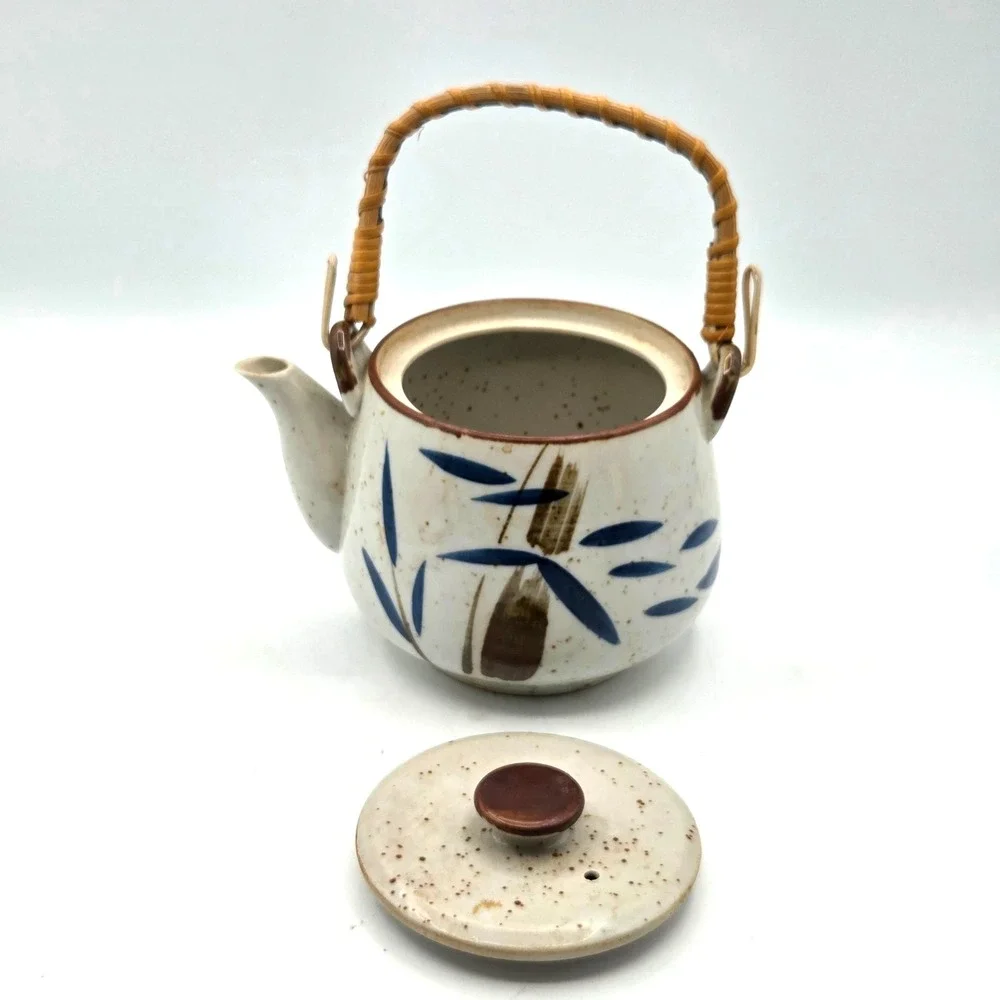 Enesco Japan Ceramic Teapot with 4 Cups Bamboo Design and Bamboo Handle  Vintage